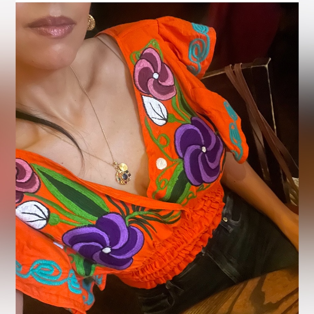 Handmade Mexican Mariposa Embroidered Floral Crop Top Small Boho Ruffles